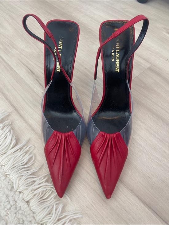 Saint Laurent Red Pointed Slingback Pumps with Clear Sides